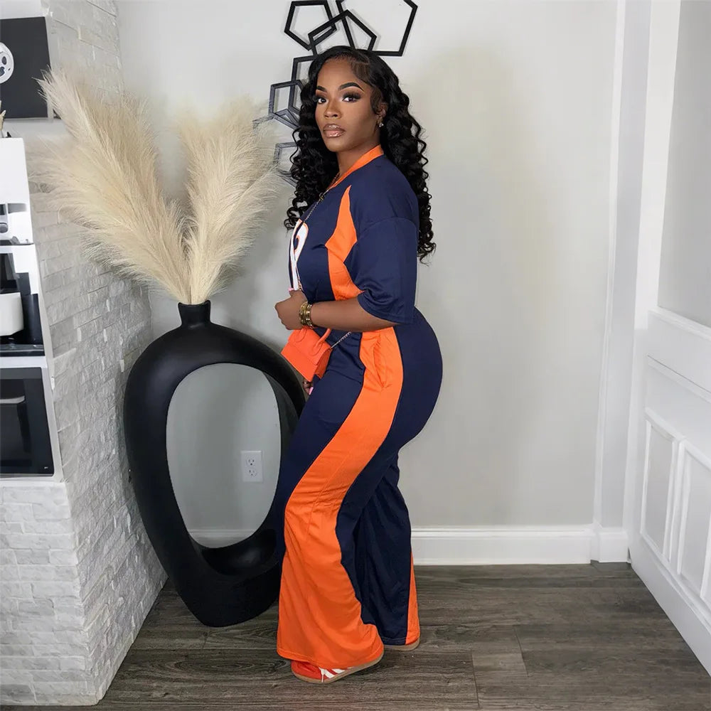 Blue/Orange Women's Number Print Short Sleeve O-Neck Jersey Top + Colorblock Wide Leg Pants 2-Piece Sets
