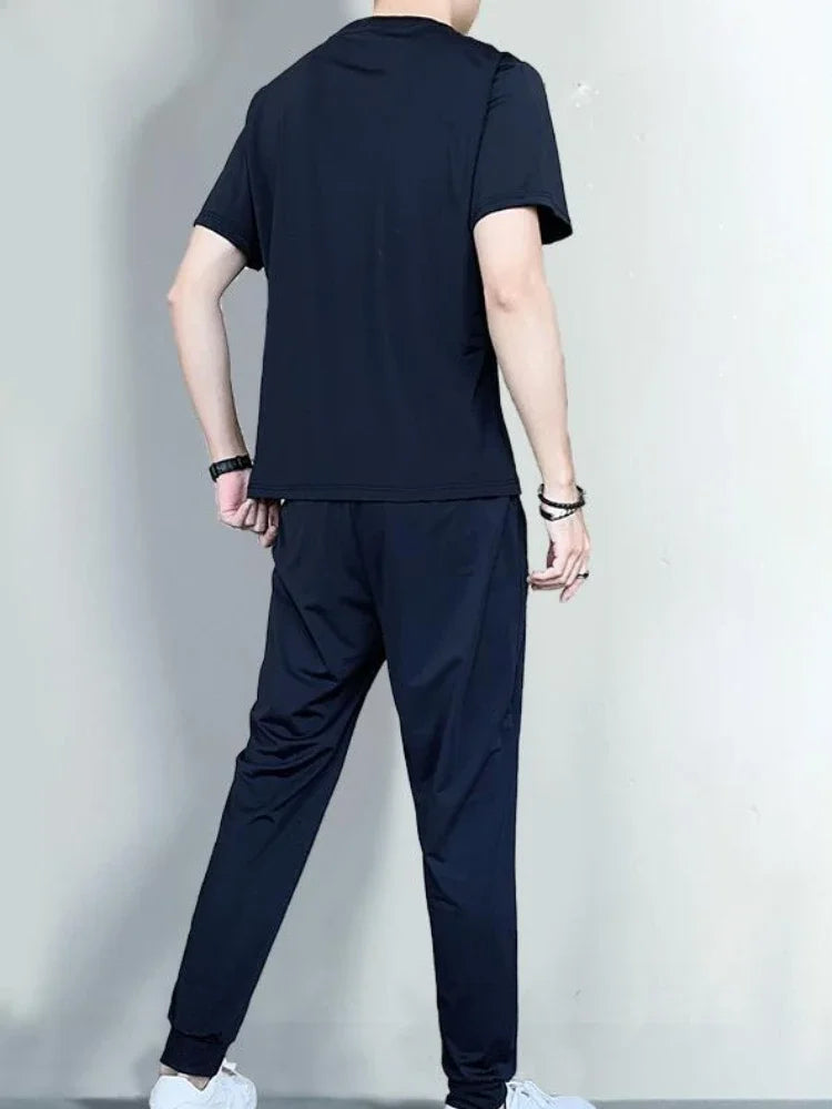 Solid Geometric Pattern Short Sleeve T-Shirt + Elastic Waist Pants Sets