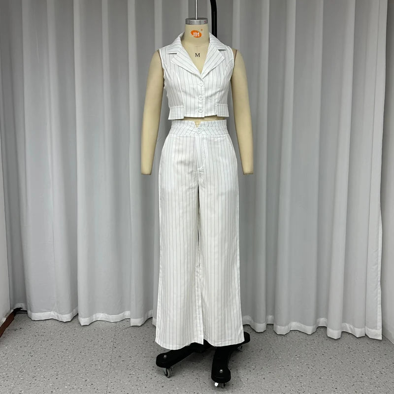 Pinstriped Lapel Sleeveless High Waist Turn-Down Collar Crop Vest + Pocketed Matching Pants Women's Business Suit