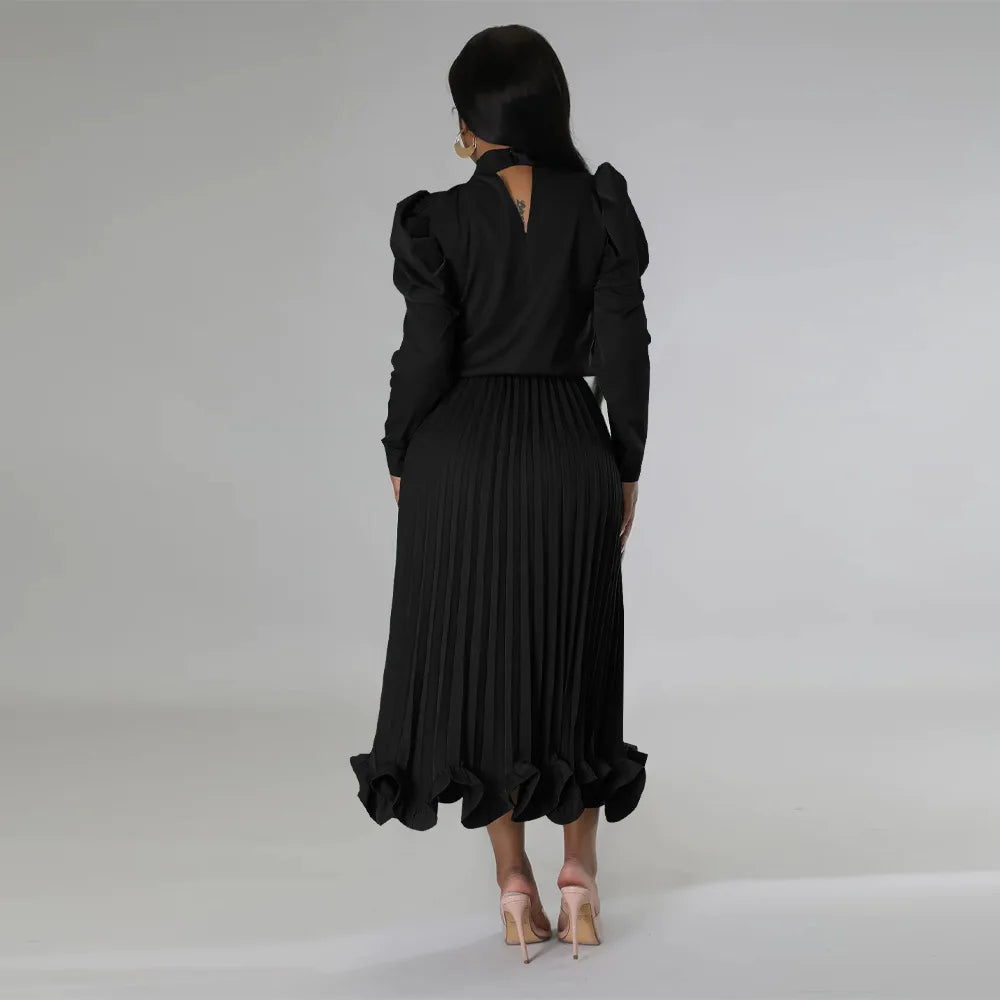 Women’s Solid Color O-Neck Lantern Sleeve Blouse + A-Line Flounce Formal Pleated Maxi Skirt w/ Sash Belt 2-Piece Set