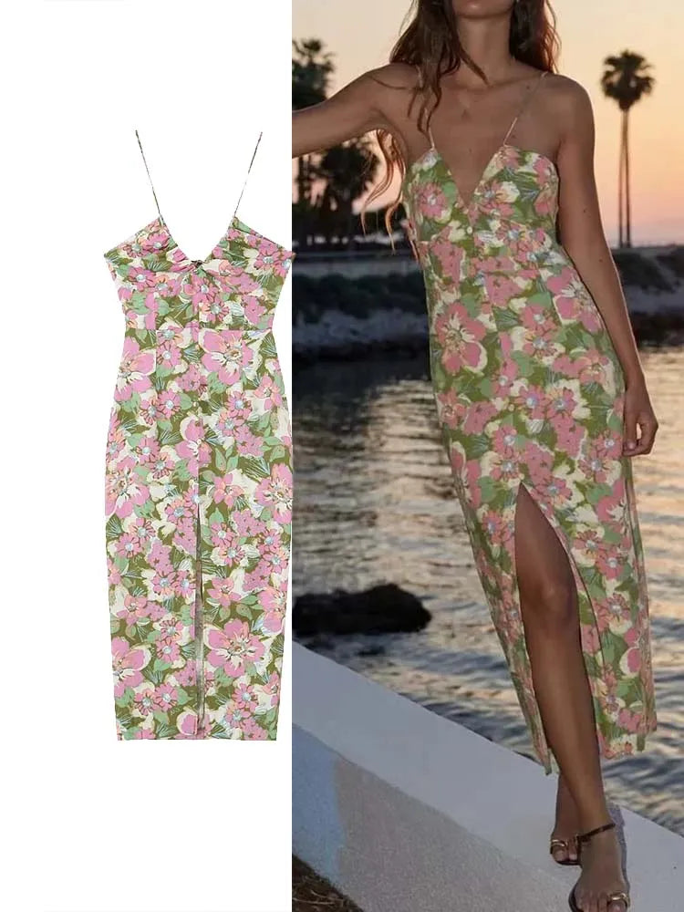 Pink/Green Flower Printed Slip Corset Midi Backless Dress