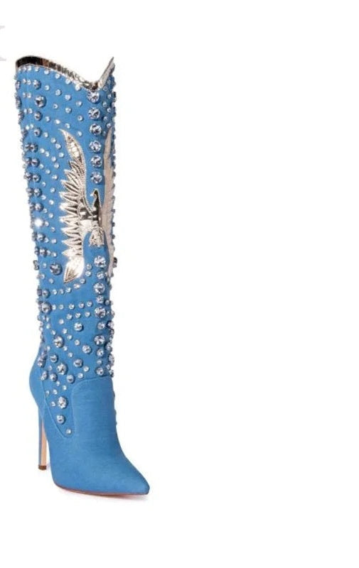 Rhinestone Embellished Pointed Toe Stiletto Glitter Crystal Western Cowgirl Knee-High Boots