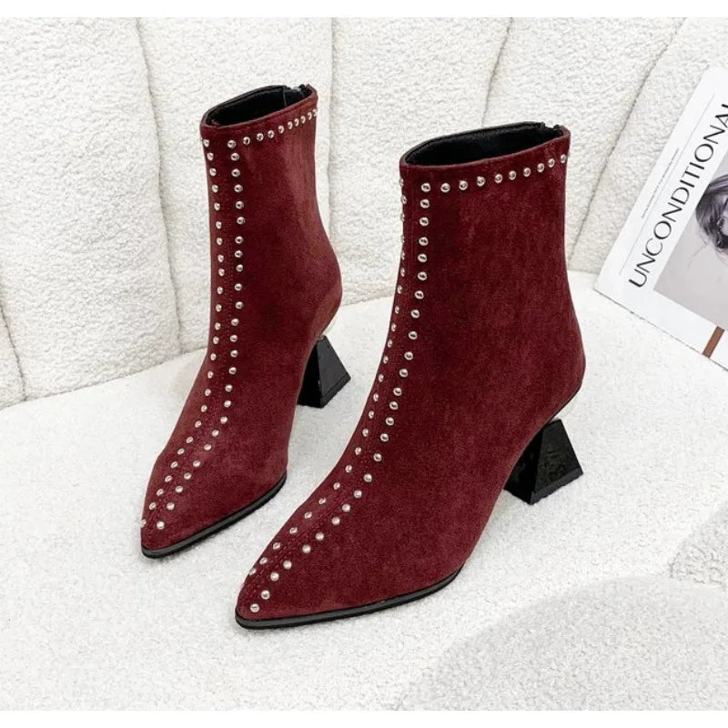 Stud Embellished Shallow Pointed Toe Designer Short Back Zip Suede Spike Heel Ankle Boots