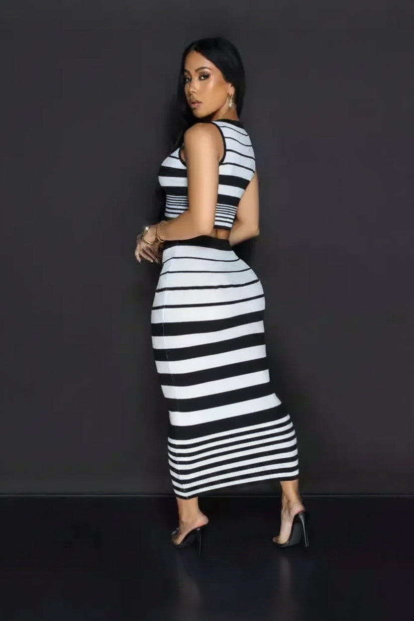 Striped Round Neck Sleeveless Crop Top + Bodycon Maxi Skirt Women's 2-Piece Set