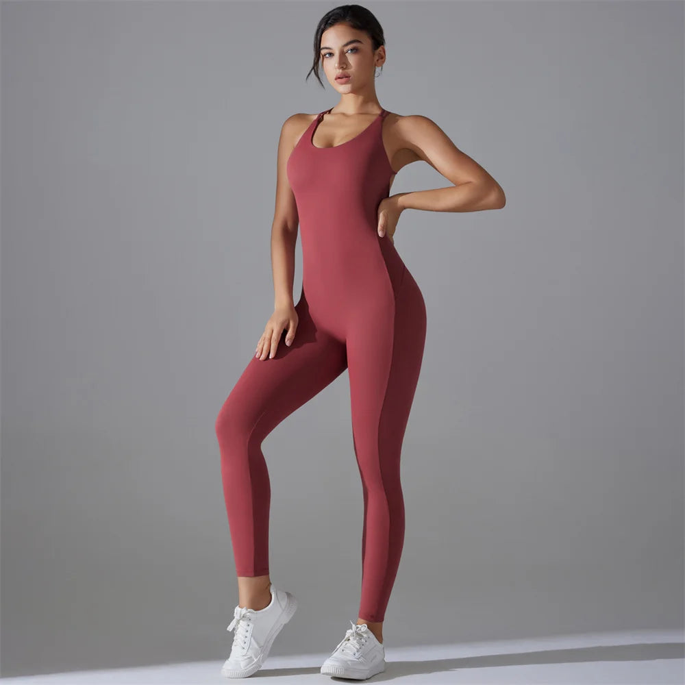 Fitness Solid Color Women's Criss-Cross Scrunch Workout Jumpsuit