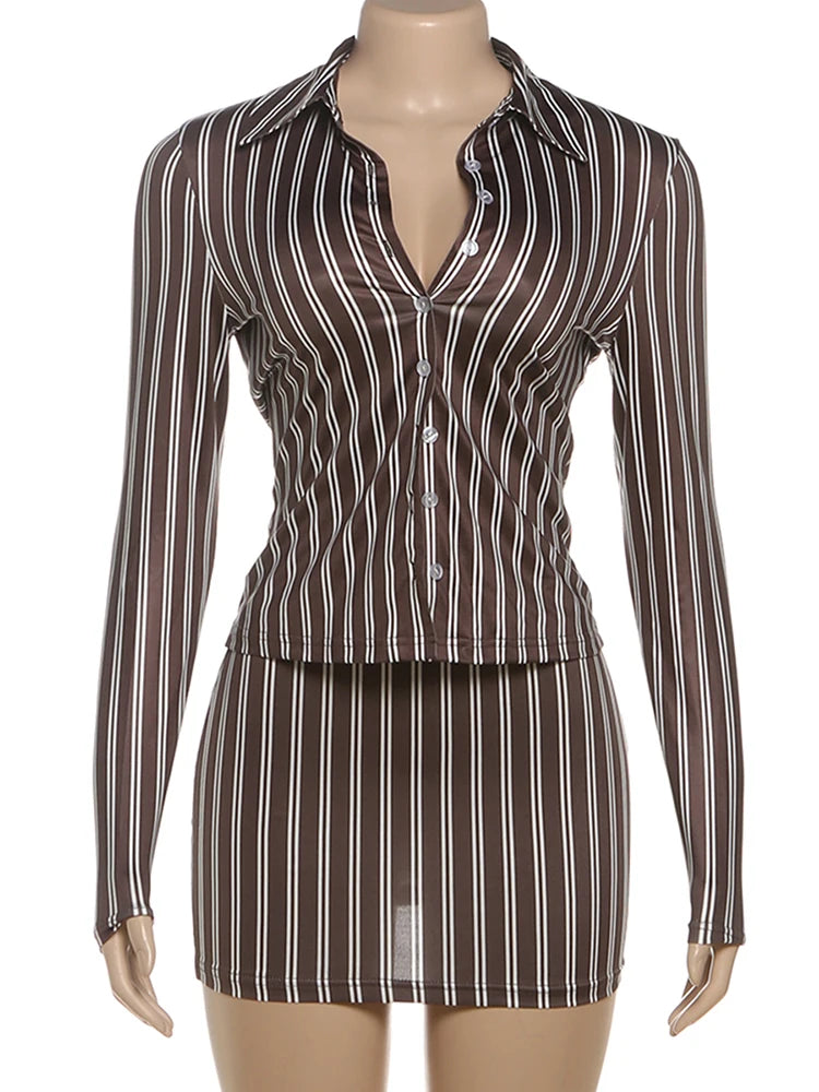Striped Print Button-Up Long Sleeve Crop Blouse + Matching Mini Skirt Women's 2-Piece Set