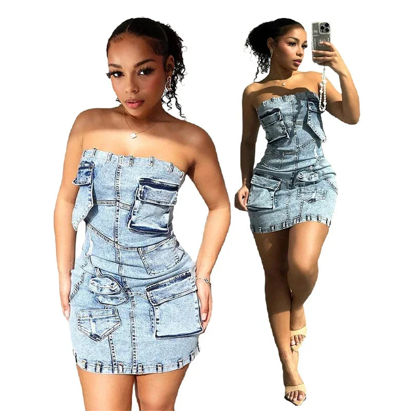 Denim Light Blue Washed Faded  Sleeveless Tube Top Design Cargo Pocketed Streetwear Mini Jean Dress