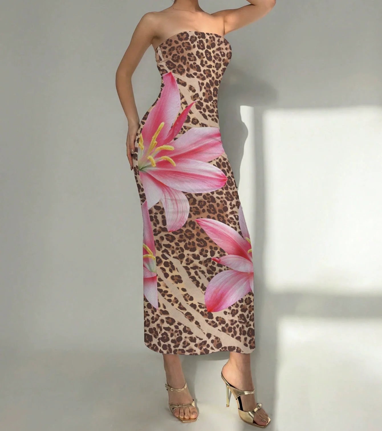 Sleeveless Big Flower Print Bodycon Skinny Maxi Tube Dress