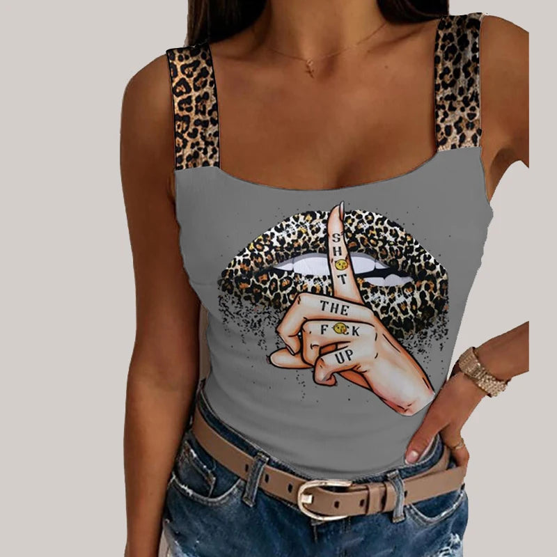 Women's Leopard Strap Lips Print Sleeveless Streetwear Tank Tops