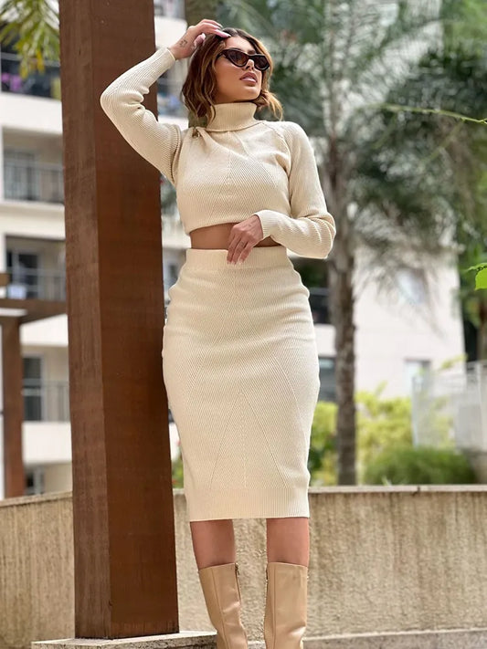 Women's Knitted Turtleneck Solid Pullover Sweater + Matching Skinny Fit Skirt 2-Piece Set