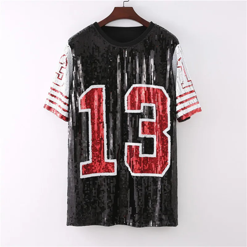 Oversized Shiny Sequin Pullover Letter Print Jersey T-Shirt Mini Dress