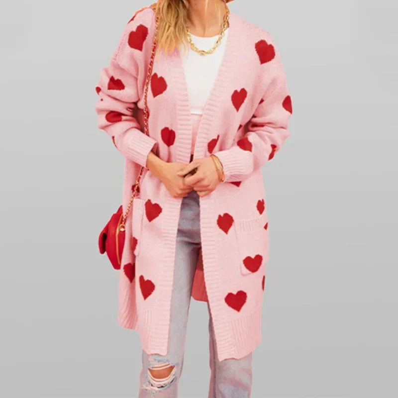 Heart Print Women's Knitted Long Sleeve Maxi Cardigan Sweater