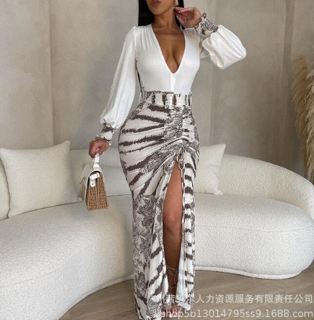 Tie-Dye/Zebra Deep V-Neck Long Sleeve Dress