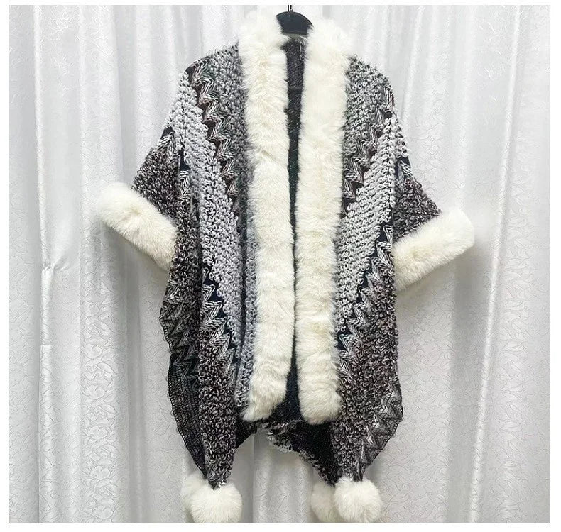 Hooded Fringe Tassel PomPom Decor Geometric Striped Colorblock Cape Cloak Shawl Wrap Scarf Sweater