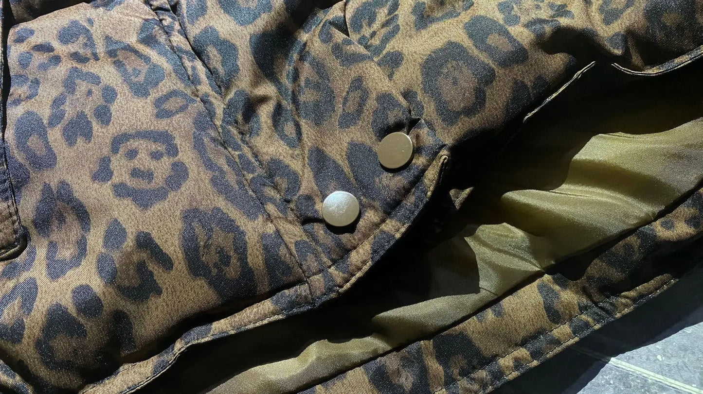 Leopard Rhinestone Hip-Hop Minnie Mouse Print Women's Quilted Cotton Down Hooded Jacket