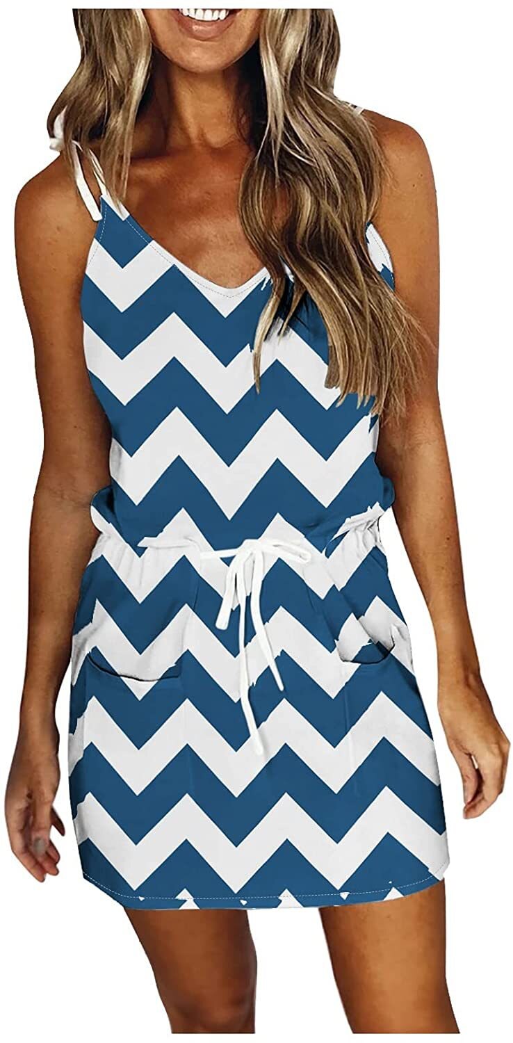 Geometric/Striped/Ombre Sleeveless V-Neck Loose Slim Sleeveless Drawstring Mini Dress to 8x Plus Size