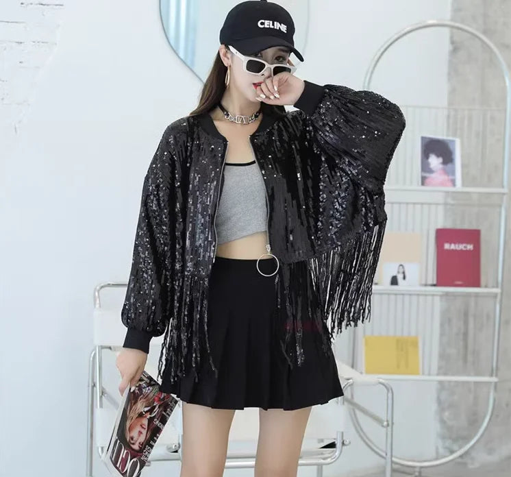 Sparkling Sequin Long Sleeve Fringe Tassel Patchwork O-Neck Streetwear Hip-Hop  Women's Bomber Jacket