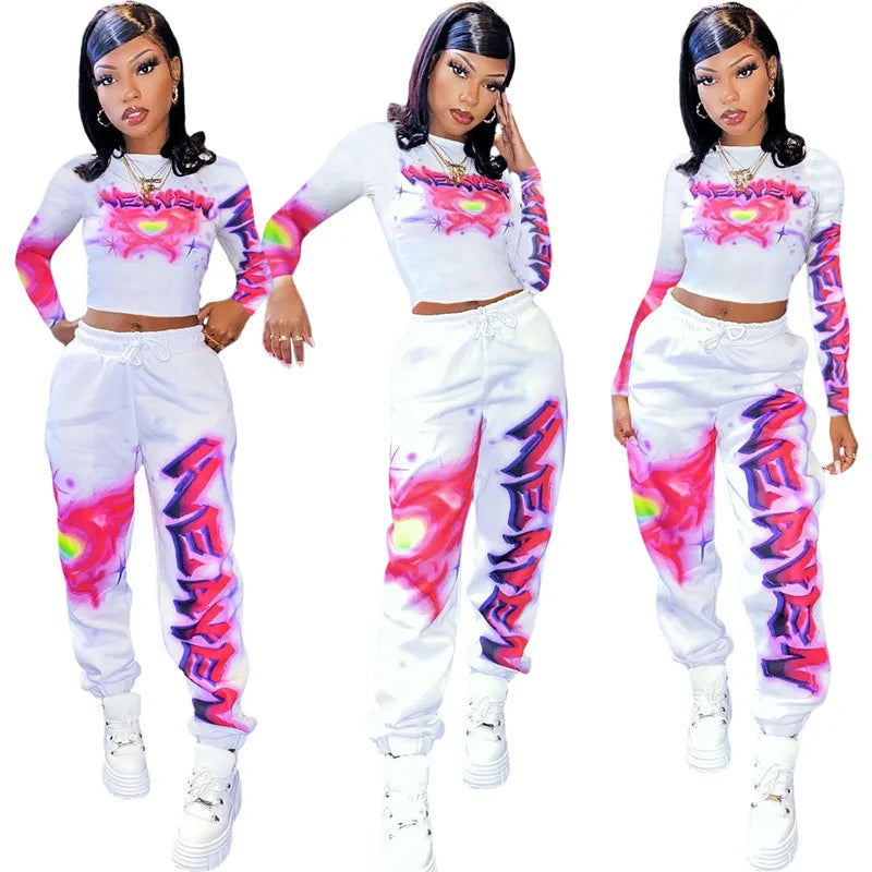Grafitti Paint Graphic Print Long Sleeve Women's O-Neck Pullover Crop Top + Jogger Sweatpants 2-Piece Set