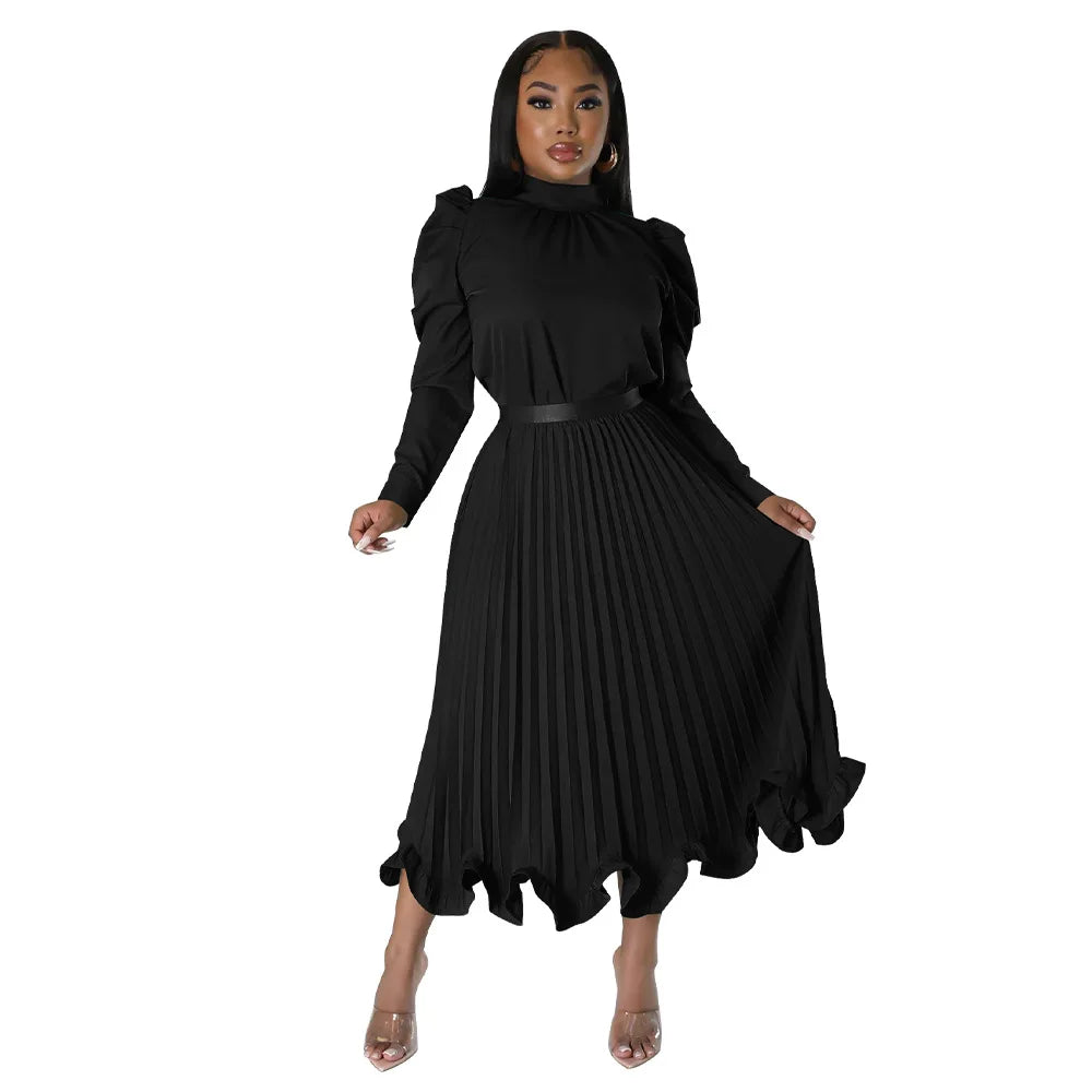 Women’s Solid Color O-Neck Lantern Sleeve Blouse + A-Line Flounce Formal Pleated Maxi Skirt w/ Sash Belt 2-Piece Set