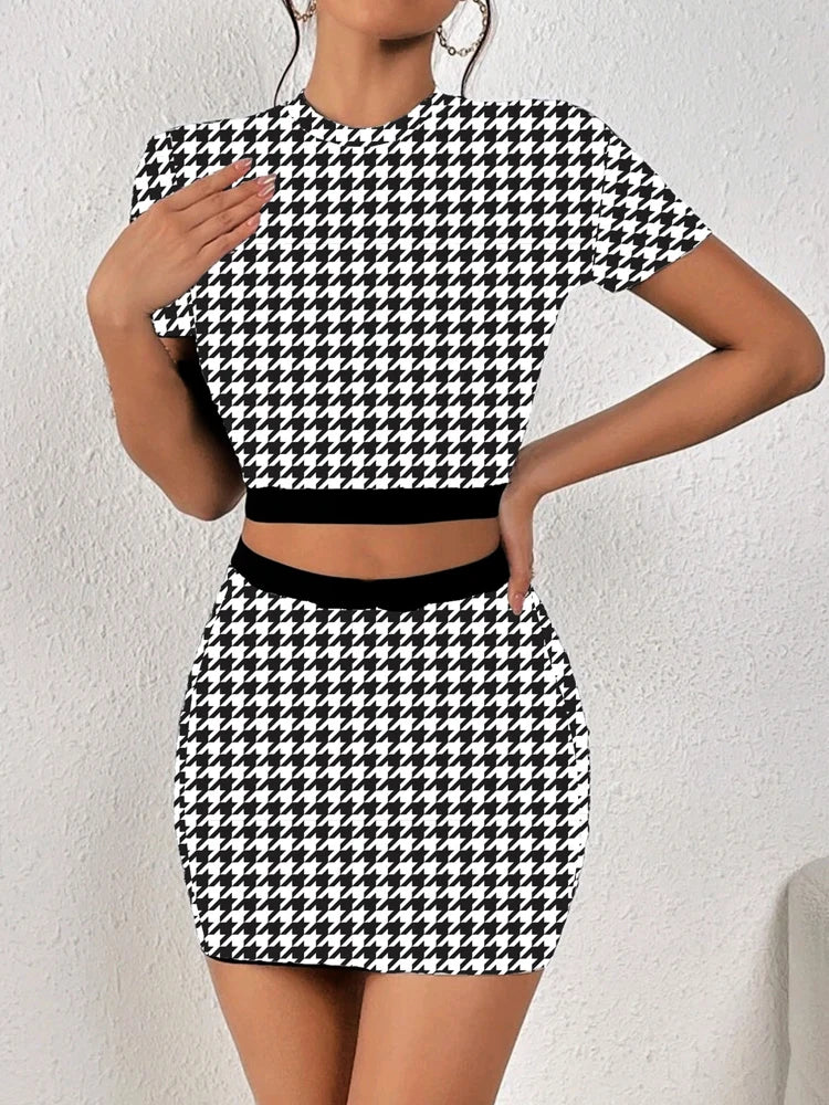 Houndstooth/Plaid Checker/Letter Print Short Sleeve Crop Top + Elastic Waist Mini Skirt 2-Piece Set