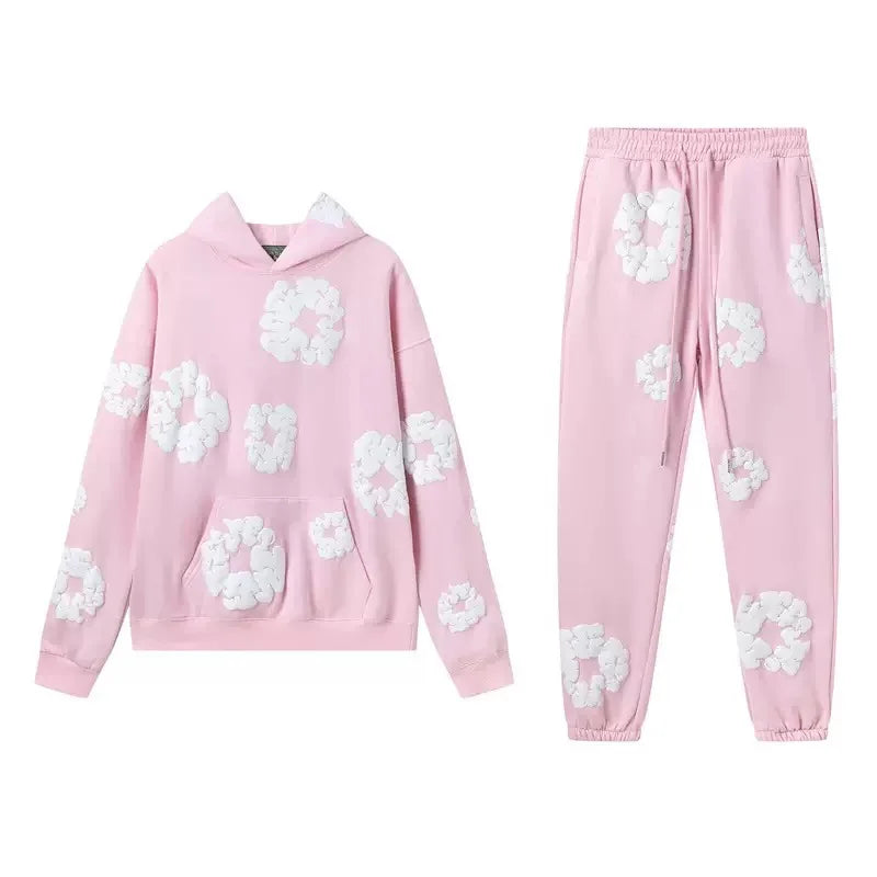 Men's Cotton Big Flower Print Hoodie Sweatshirt + Drawstring Sweatpants Tracksuit