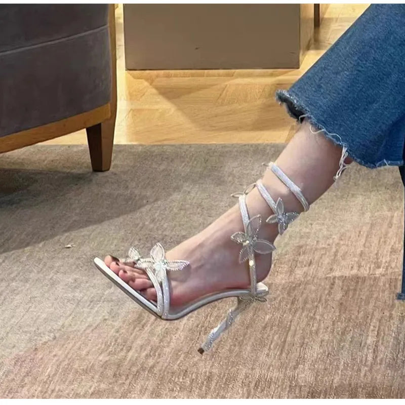 Crystal Butterfly Embellished Detail Spiral Coiled Band Strap High Heel Gladiator Sandal Pumps