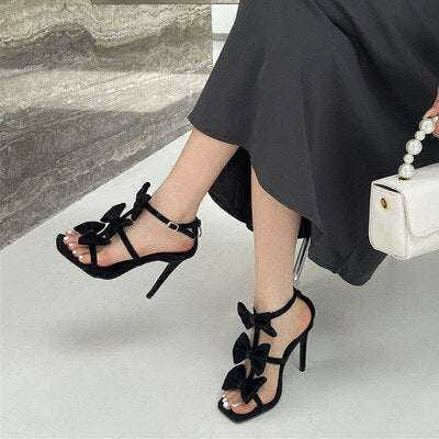 Rhinestone Bow Stiletto PU Thin Strap Sandals