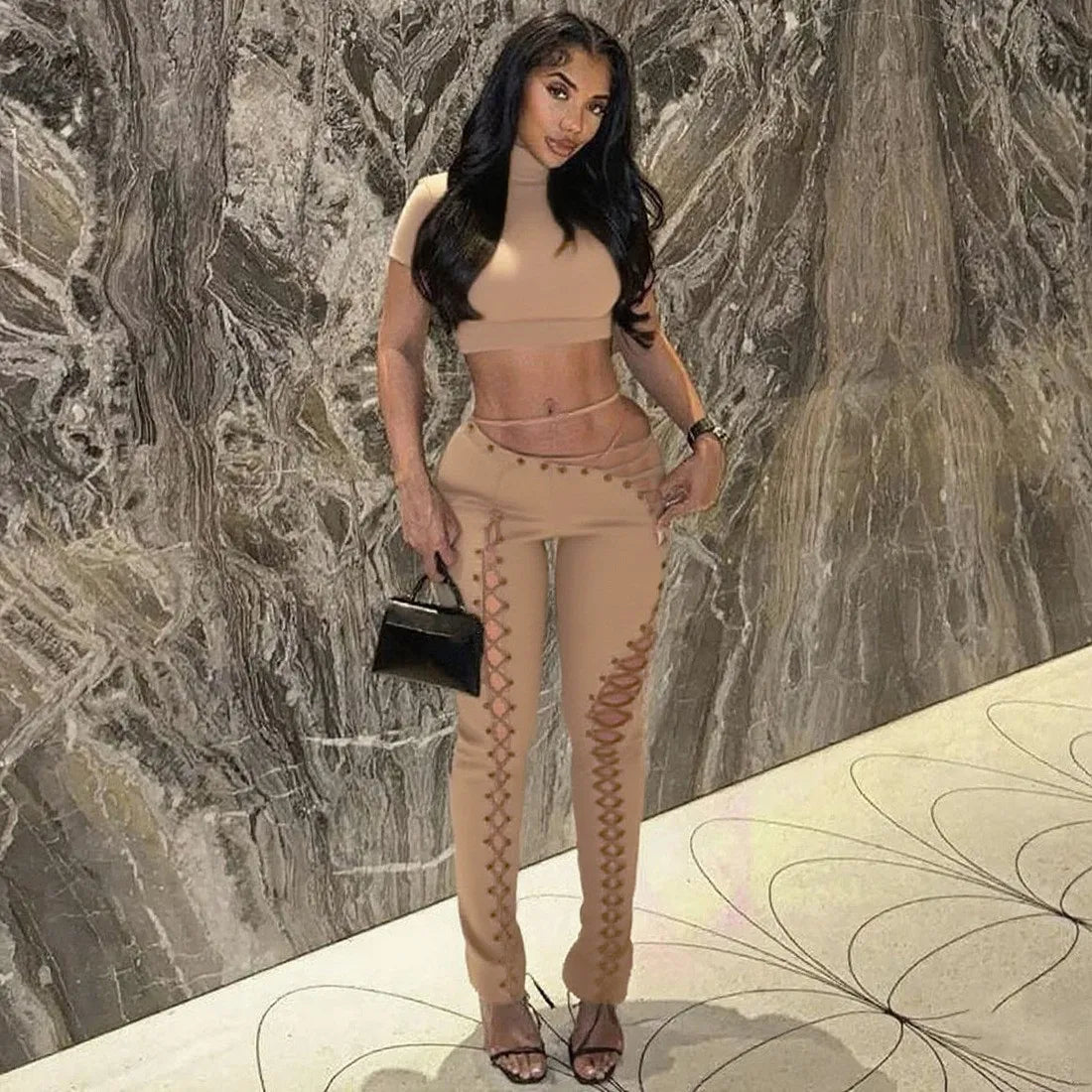 Sexy Women's Sleeveless Crop Tank Top + Criss-Cross Lace-Up Hollow-Out Bandage Leggings 2-Piece Set