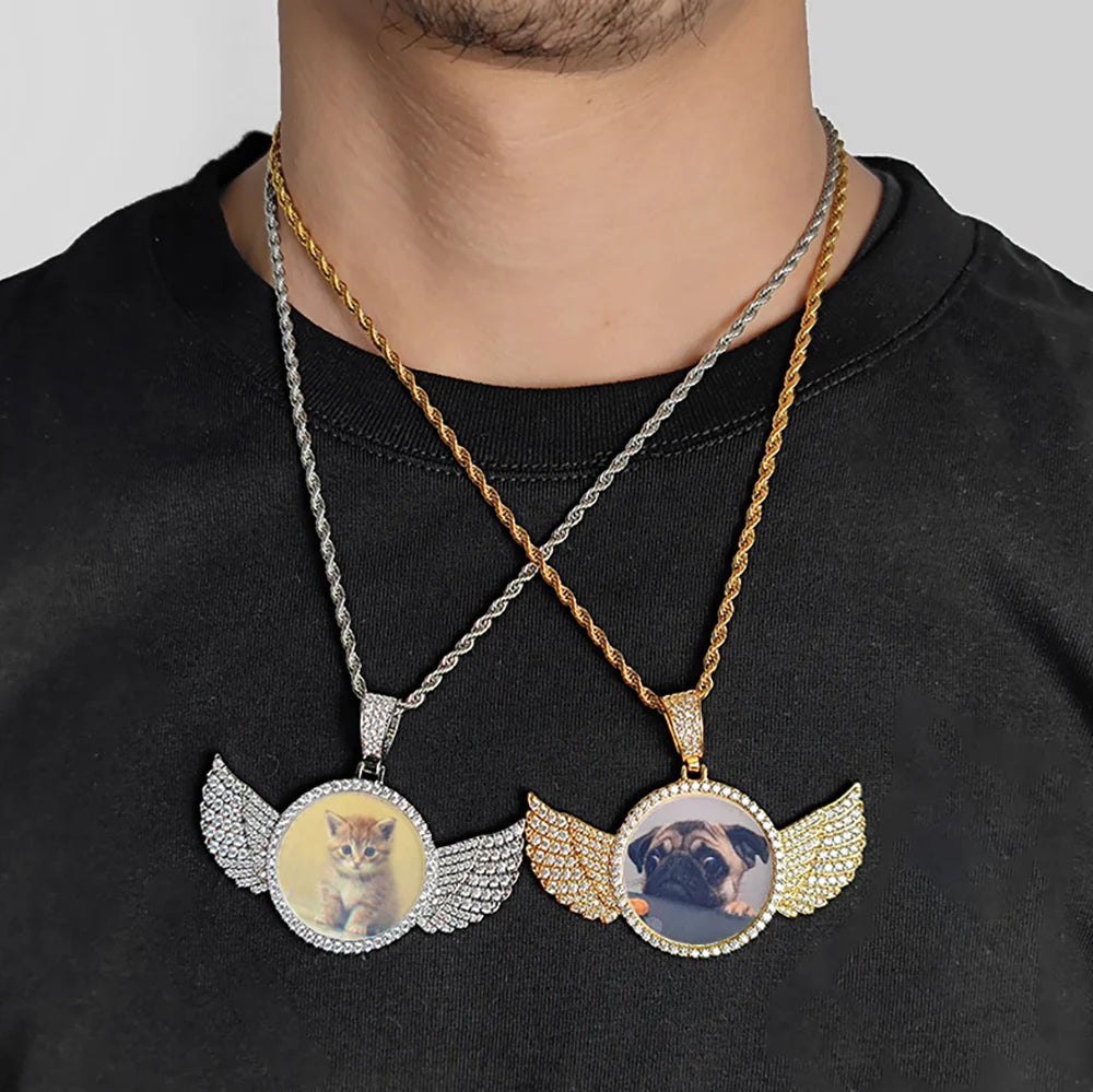 Customized Angel Wing Round Memory  Personalized Picture Pendant Tennis Chain Necklace