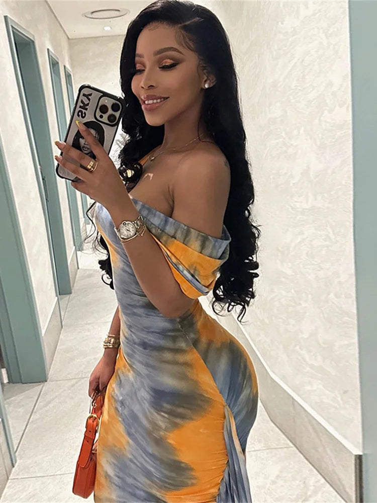 Tie-Dye Off-the-Shoulder Tassel Detail Colorblock Side Slit Skew Collar Bare Shoulder Maxi Dress