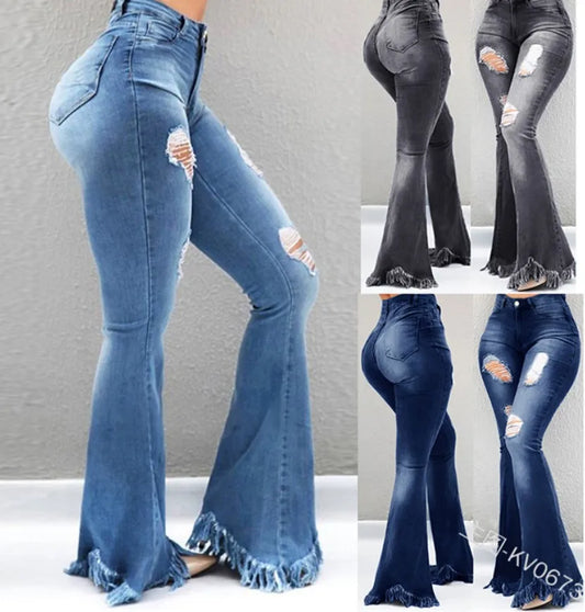 Bootcut Women's High Waisted Thin Tassel Fringe Edge Micro Denim Jeans