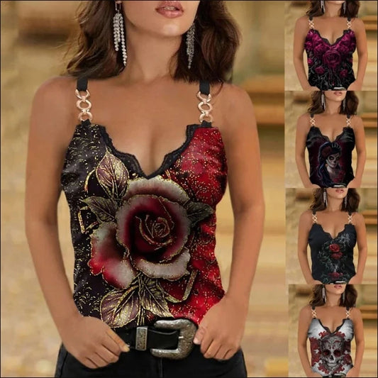 Women's Lace Sleeveless V-Neck Rose/Skull Printed Gold Chain Strap Cami Tank Top