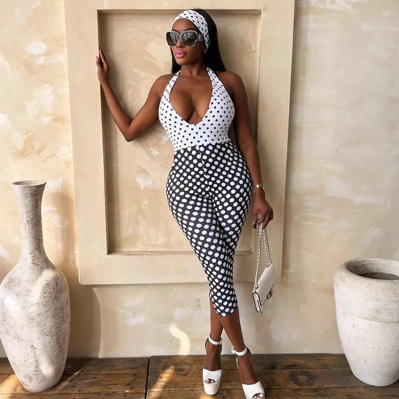 Black/White Polka Dot Print Bodycon Halter Neck Deep V-Neck Backless Women's Streetwear Jumpsuit