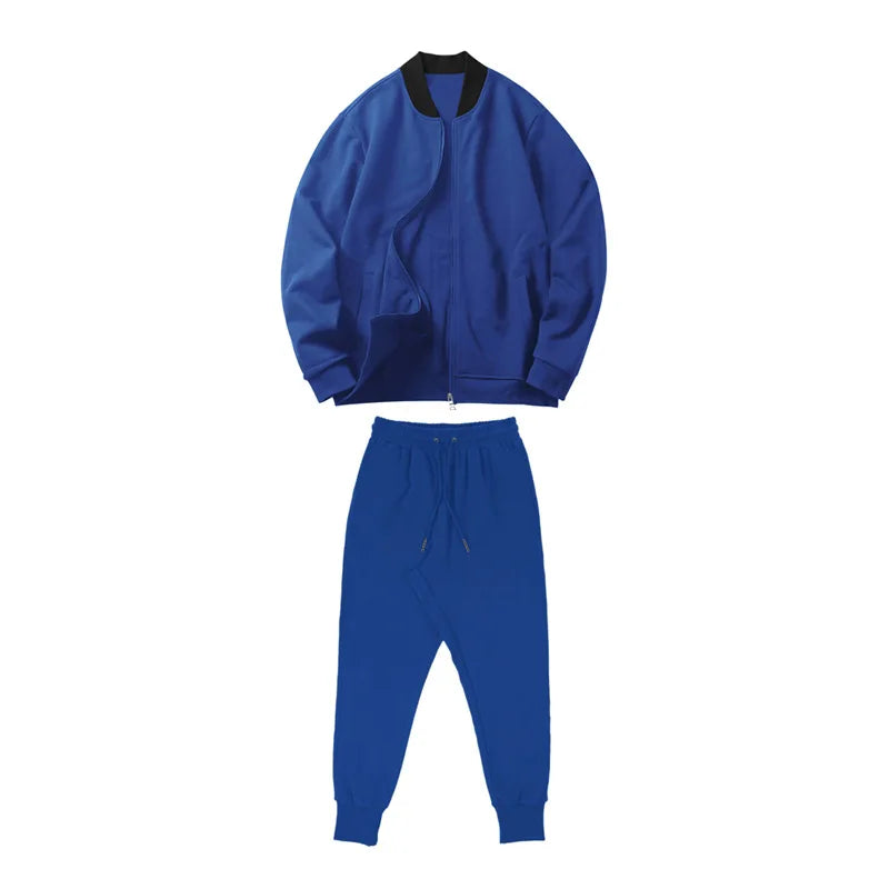 Men's O-Neck Colorblock Bomber Sweat Jacket + Drawstring Jogger Sweatpants Tracksuit