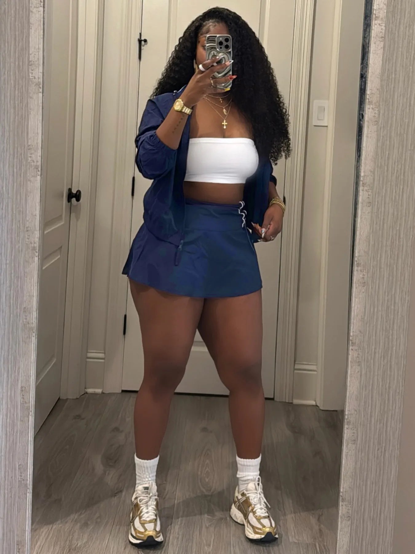 Striped Stand Collar Women's Zipper Fitness Jacket+ Drawstring Ruched Mini Tennis Skirt Solid Color 2-Piece Set