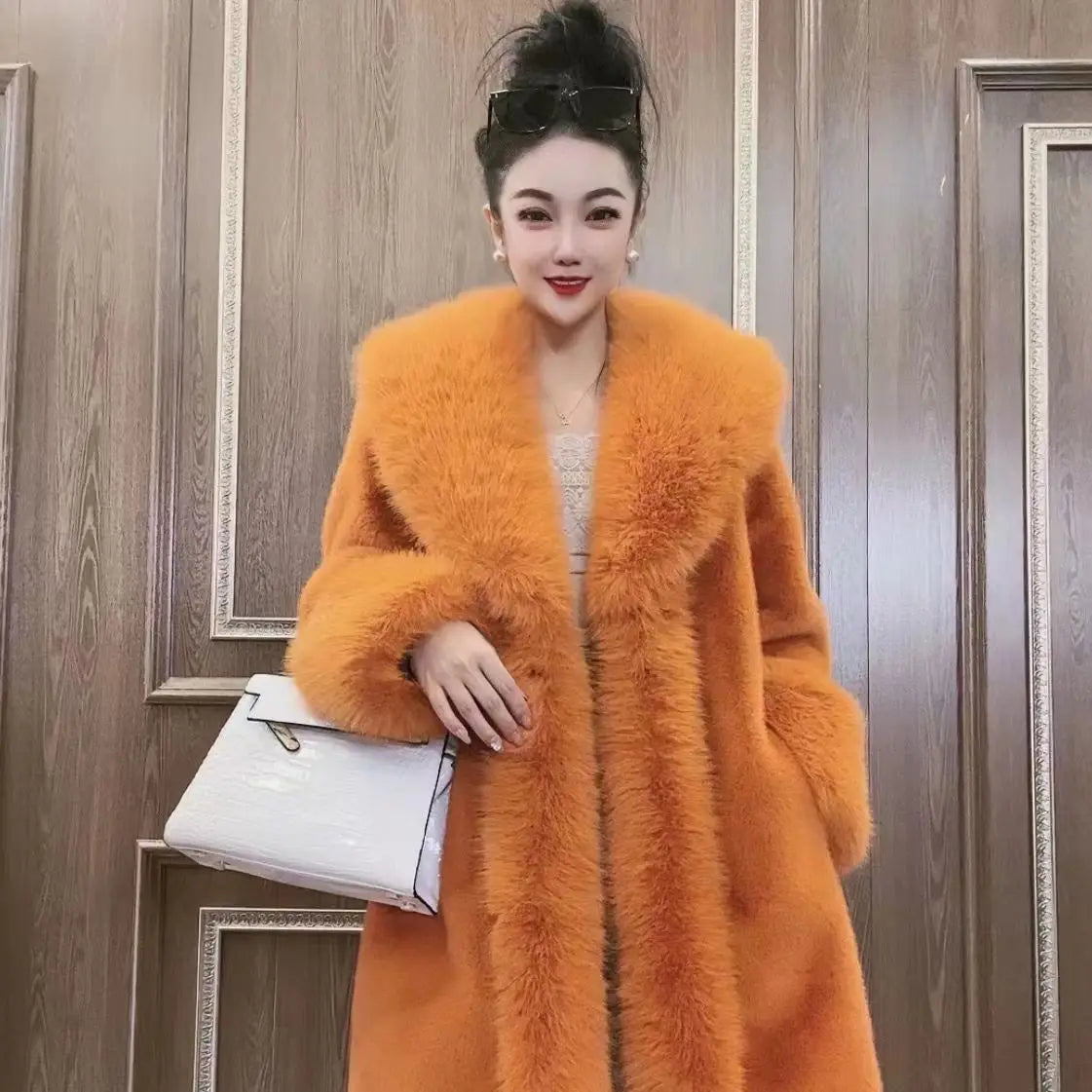 Faux Fur Teddy Oversized Collar Women's Thick Solid Color Trenchcoat