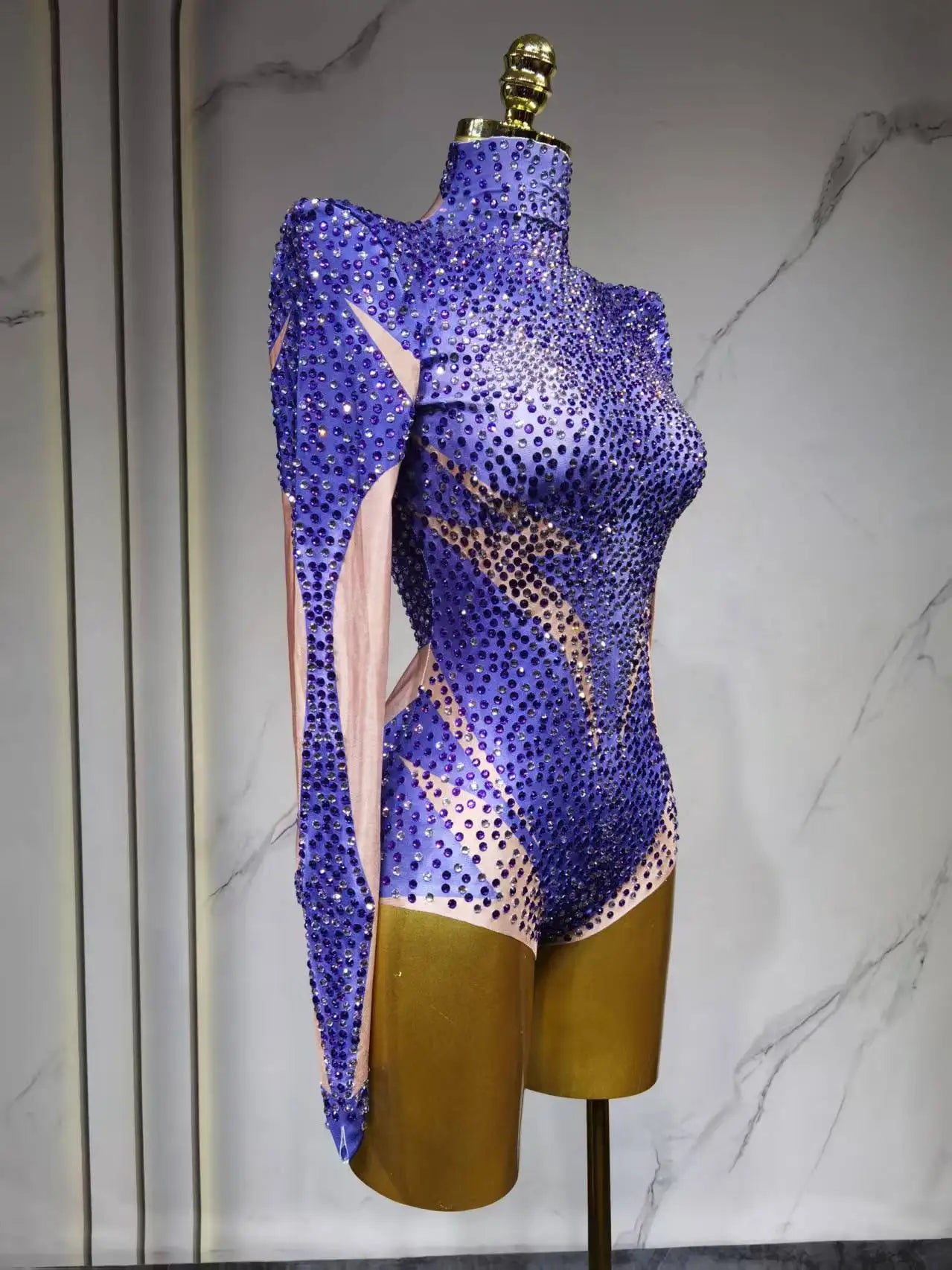 Sparkling Rhinestone Hollow-Out Long Sleeve Stage Formal Stage Performance Skin Tight Bodysuit