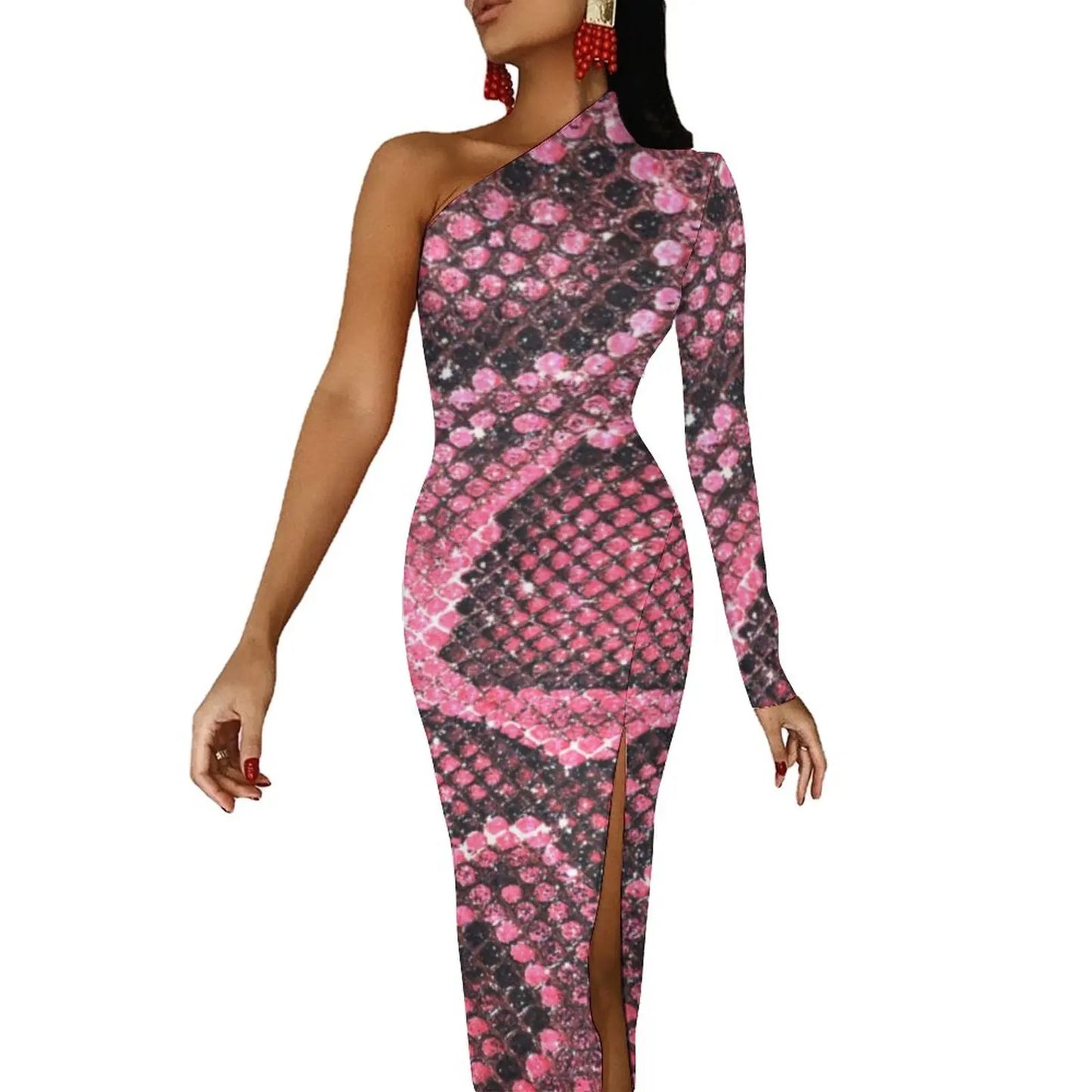 Snake Print/Geometric High Slit One Shoulder Long Sleeve Party Bodycon Maxi Dress