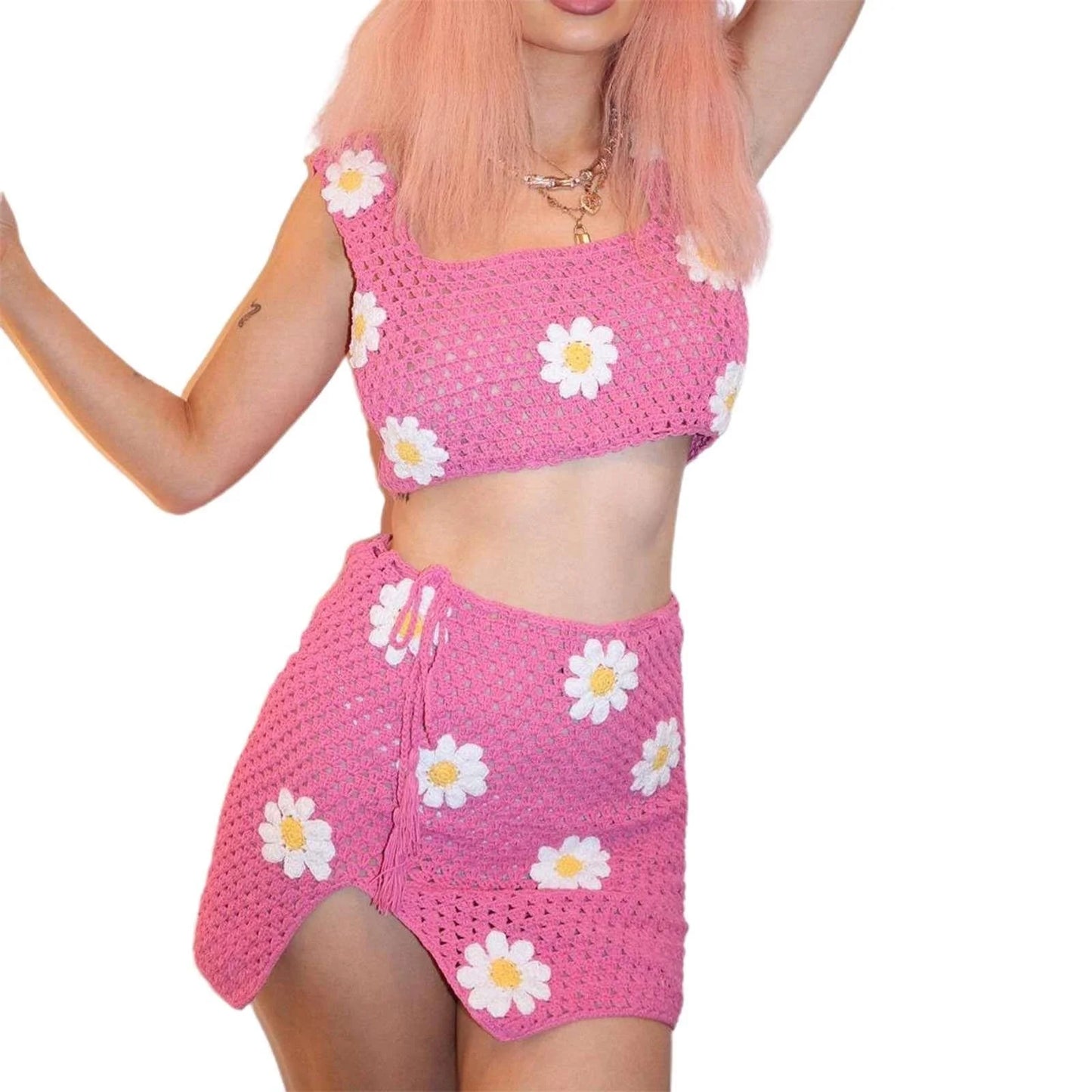 Crochet Big Flower Pattern Knitted Women's Sweater Tank Top + Drawstring Mini Skirt 2-Piece Set