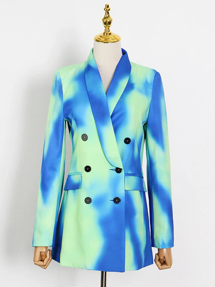 Tie-Dye Notched Collar Double Breasted Long Sleeve Blazer + Harem Pants Women's Suit