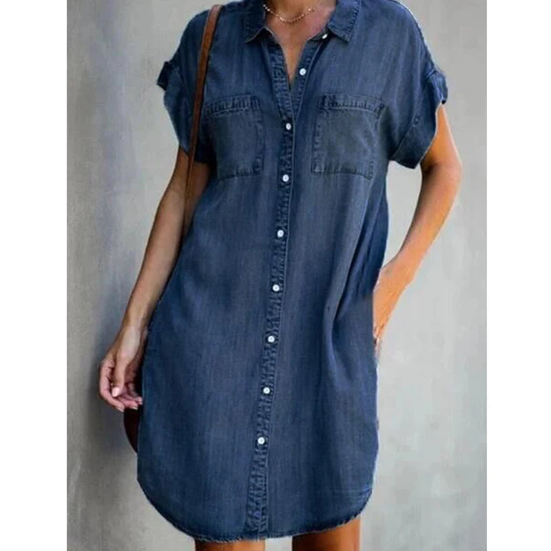 Denim Short Sleeve Distressed Button Down Tunic Button Mini Dress to 5X