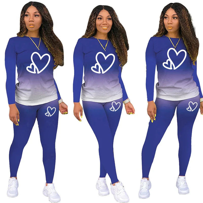 Gradient Colorblock Heart Print + Jogger Women's Sweatpants 2-Piece Set