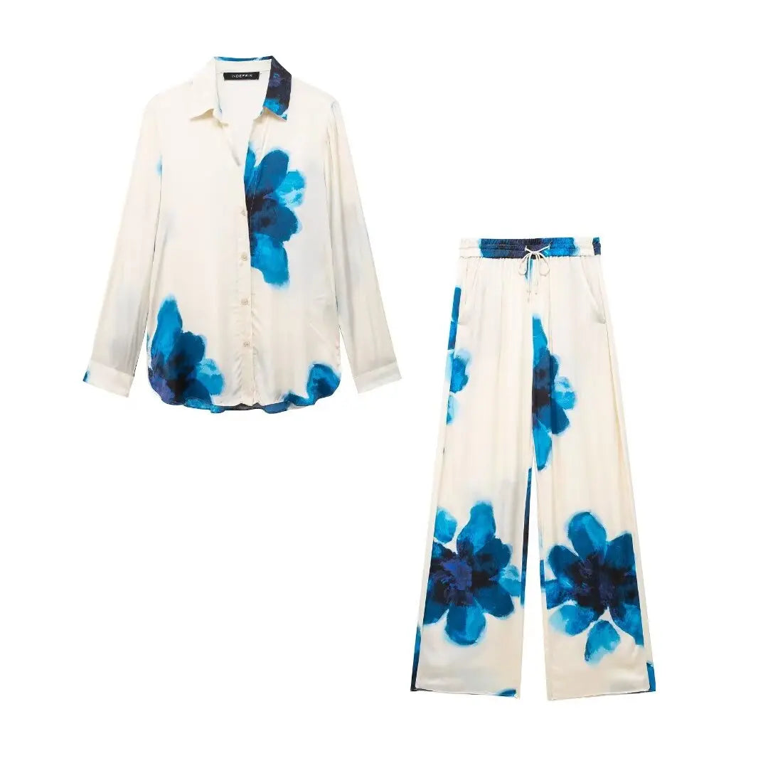 Floral Stain Print Button-Up Blouse + Elastic Waist Wide Leg Pants Women's Casual 2-Piece Sets