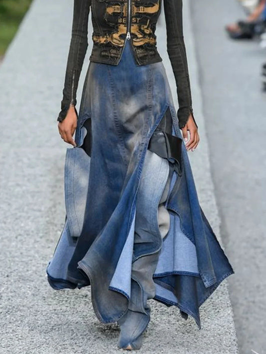 Denim Washed Colorblock Irregular High Waist Patchwork High Slit Maxi Jean Skirt to 3X Plus Size
