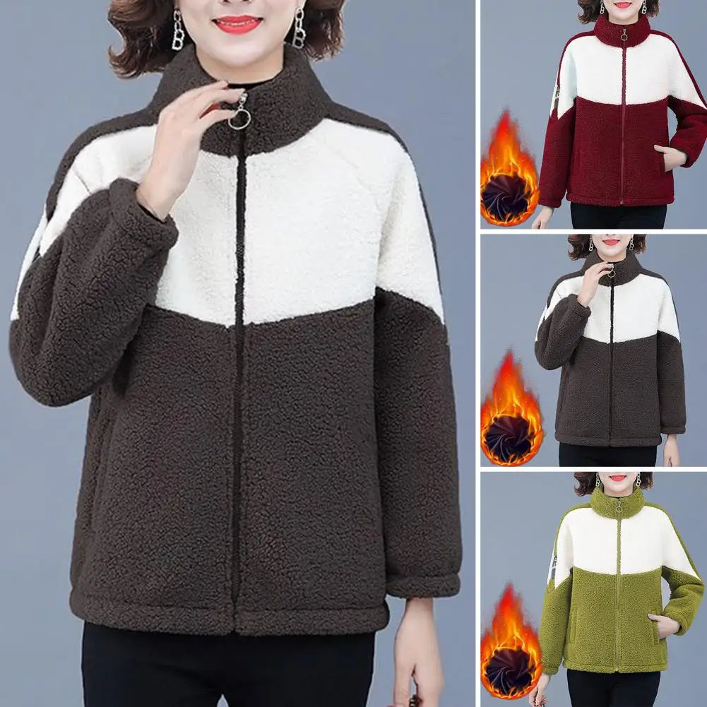 Colorblock Plush Fleece Women's Stand Collar Zipper Cardigan Jacket