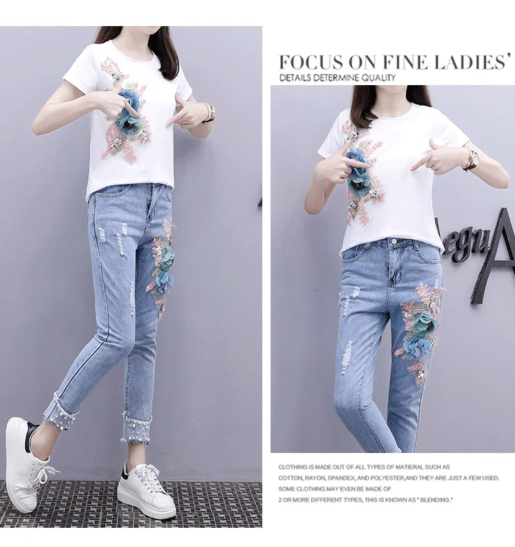 Floral Embroidered Women's Short Sleeve T-Shirt + Matching Denim Jeans 2-Piece Set to 3X Plus Size