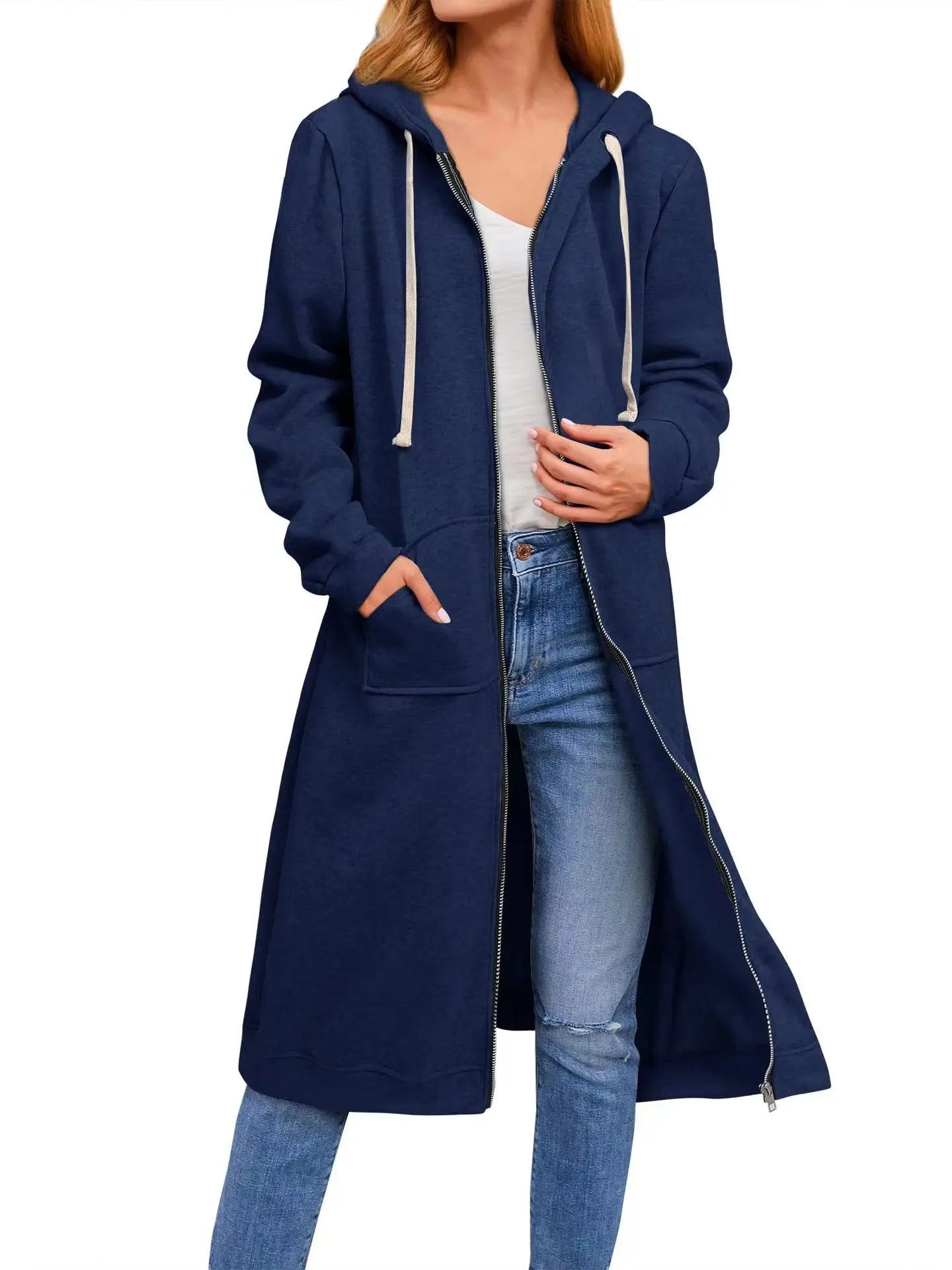 Drawstring Solid Color Women's Long Sleeve Zipper Maxi Hoodie Sweatshirt w/ Pockets