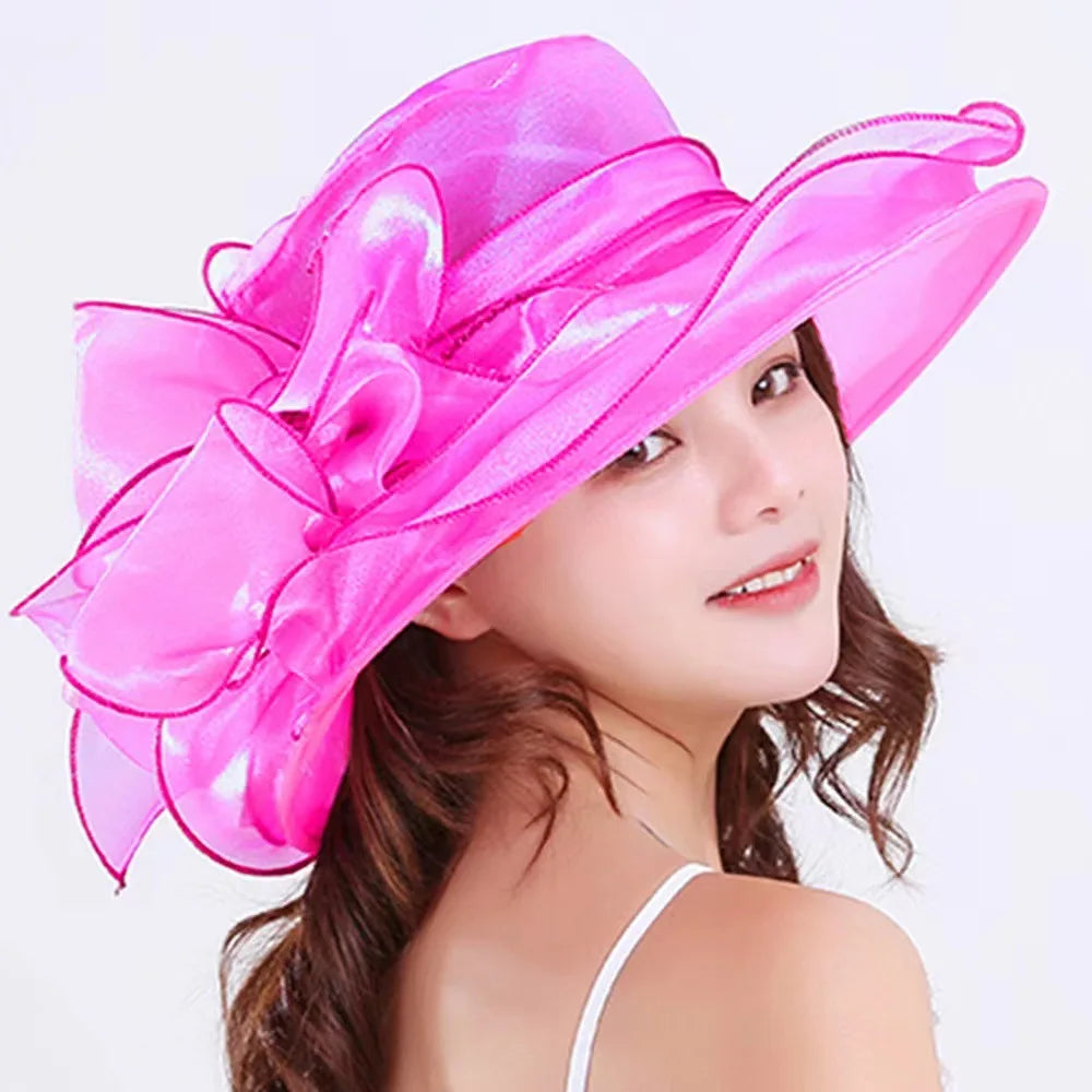 Oversized Organza Floral Bow Detail Wide Brim Kentucky Derby/Church/Wedding Fedora Hat