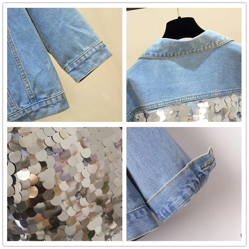 Sequin Embroidered Back Short Denim Women's Light Blue 3/4 Sleeve Jean Jacket to 5X