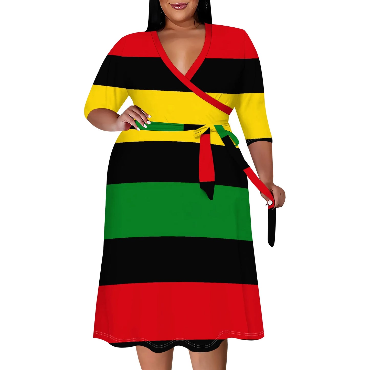 Juneteenth Flag V-Neck Long Sleeve Maxi Dress to 6X Plus Size